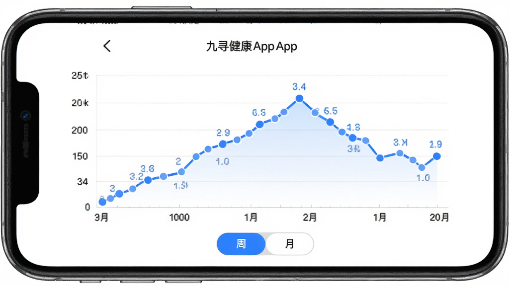��Ѱ����App����ͼ��ҳ�棬�ֻ���Ļ��ʾһ��Ѫѹ�仯����ͼ������Ϊ���ڣ�����Ϊ��ֵ��ͼ���·����ܡ����л���ť������Ϊ���ף�����Ϊ��ɫ�����ݵ���СԲ���ע�������񼫼�רҵ�����������ɾ����޶���Ԫ��