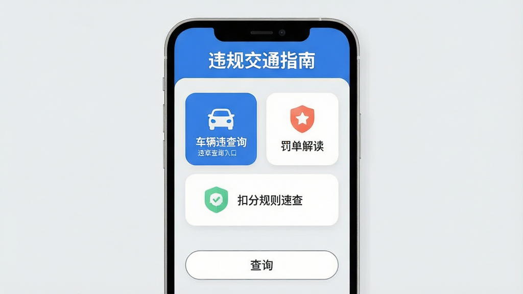 �ֻ���ĻչʾΥ�潻ָͨ��App�����棬������ɫ������д��Υ�潻ָͨ�ϡ���ɫ�����֣��м俨Ƭʽ������ʾ����Υ�²�ѯ��ڡ�����������۷ֹ����ٲ���������ͼ�꣬�ײ��Ǽ��Ĳ�ѯ��ť�������ɾ�ǳ�ң��������ִ���ƽ��ϸ��Բ�󣬻��������޶���Ԫ��