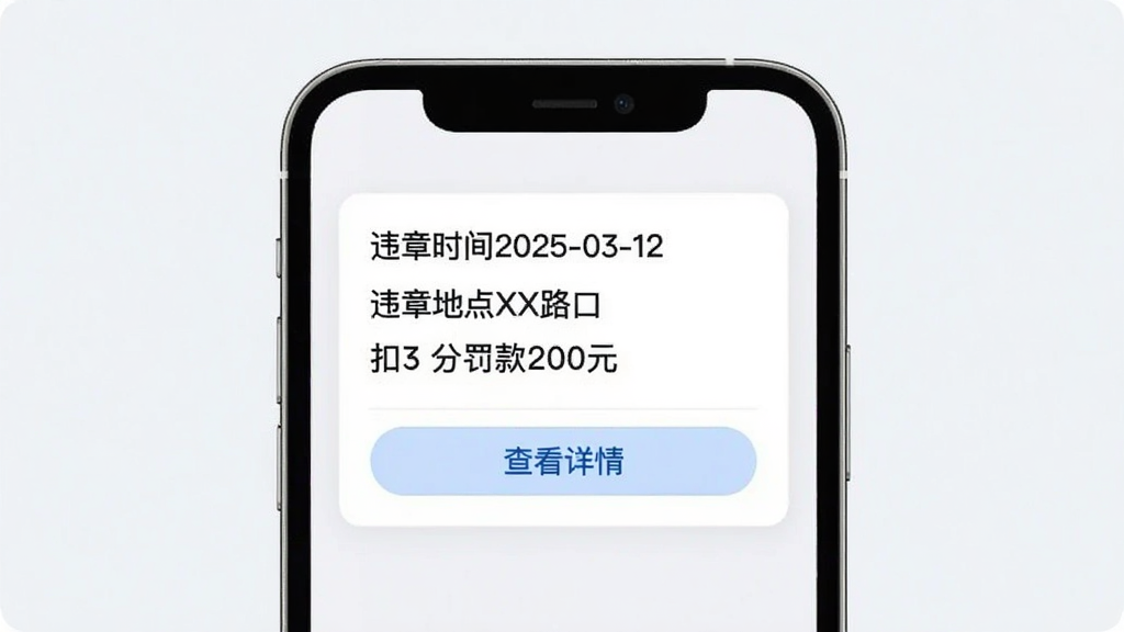 Υ�潻ָͨ��AppΥ�²�ѯ���ҳ�棬�ֻ���Ļ������ʾһ��Υ�¼�¼��Ƭ��������Υ��ʱ��2025-03-12����Υ�µص�XX·�ڡ�����3�ַ���200Ԫ����������Ϣ����Ƭ�·��С��鿴���顱��ť������Ϊǳɫ�������Ű����룬����Լ�����ʸɾ��޶���Ԫ��