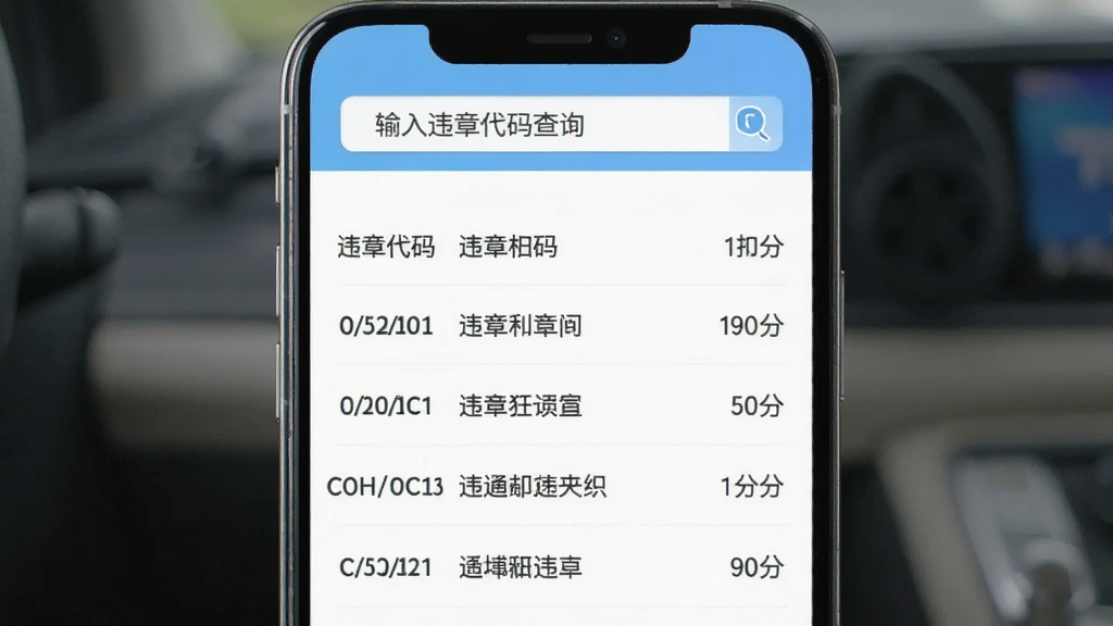 Υ�潻ָͨ��App�������ҳ�棬�ֻ���Ļ��ʾΥ�´����б���ÿ�д����Ա�ע���Ľ��ͺͿ۷ַ�ֵ������������д������Υ�´����ѯ���������԰�ɫ��ǳ��ɫΪ���������������Ű����������࣬���ʸɾ��޶���Ԫ��
