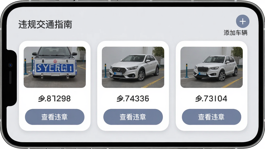 Υ�潻ָͨ��App�೵���������棬�ֻ���Ļ��ʾ���ų�����Ƭ��ÿ�ſ�Ƭ���г��ƺź͡��鿴Υ�¡���ť�����Ͻ��С����ӳ������Ӻ�ͼ�꣬����Ϊǳ��ɫ����ƬԲ����ƣ����ͳһ�����ʸɾ��޶���Ԫ��