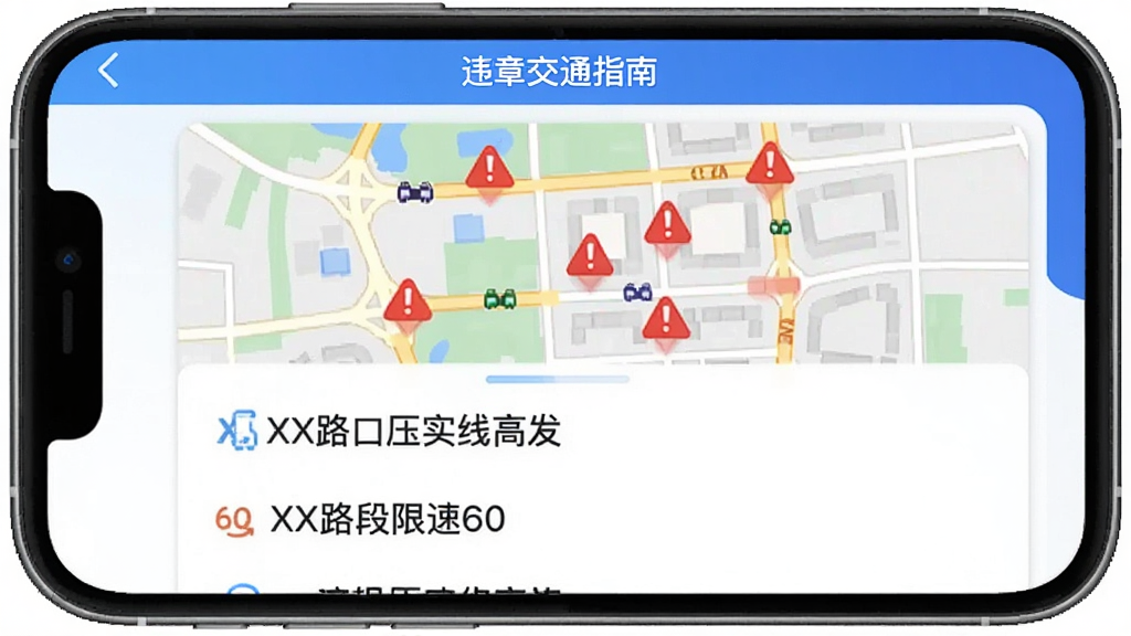 Υ�潻ָͨ��AppΥ�¸߷��ض�ҳ�棬�ֻ���Ļ��ʾ��ͼ����ͼ����ͼ�ϱ�ע�˼�����ɫ��ʾͼ�꣬�·��б�д��XX·��ѹʵ�߸߷�����XX·������60��������˵����������ɫ����ɫ�Ͱ�ɫΪ���������ˬ�����ʸɾ��޶���Ԫ��