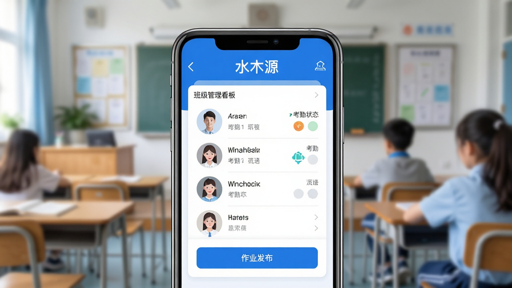 ˮľԴ����ʦ�ˣ�Ӧ��������ȫòչʾ�������������ֻ���Ļ����Ļ����ʾ�༶�������壬�����С�ˮľԴ�����ֱ�ʶ������������Ϊ��ɫ�������ּ�࣬����ѧԱͷ���б�������״̬ͼ�����ҵ������ť���������黯�Ľ��ҳ���������ִ���ƽ��ϸ�����������ʸɾ����޶���Ԫ��