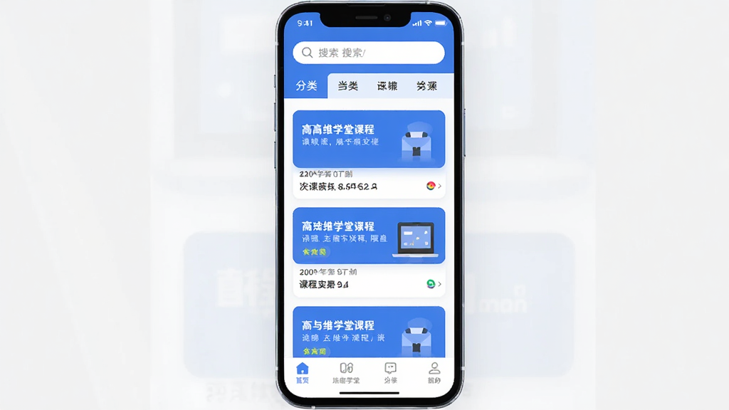 һ���ֻ���Ļչʾ��άѧ��App��ҳ��ͼƬ�����������Ǽ��Ŀγ̿�Ƭ�б����������������ͷ����ǩ���ײ�����������������ɫ��������Ϊ��������ִ���ƽ�����������ɶ������ʸɾ��޶���Ԫ��
