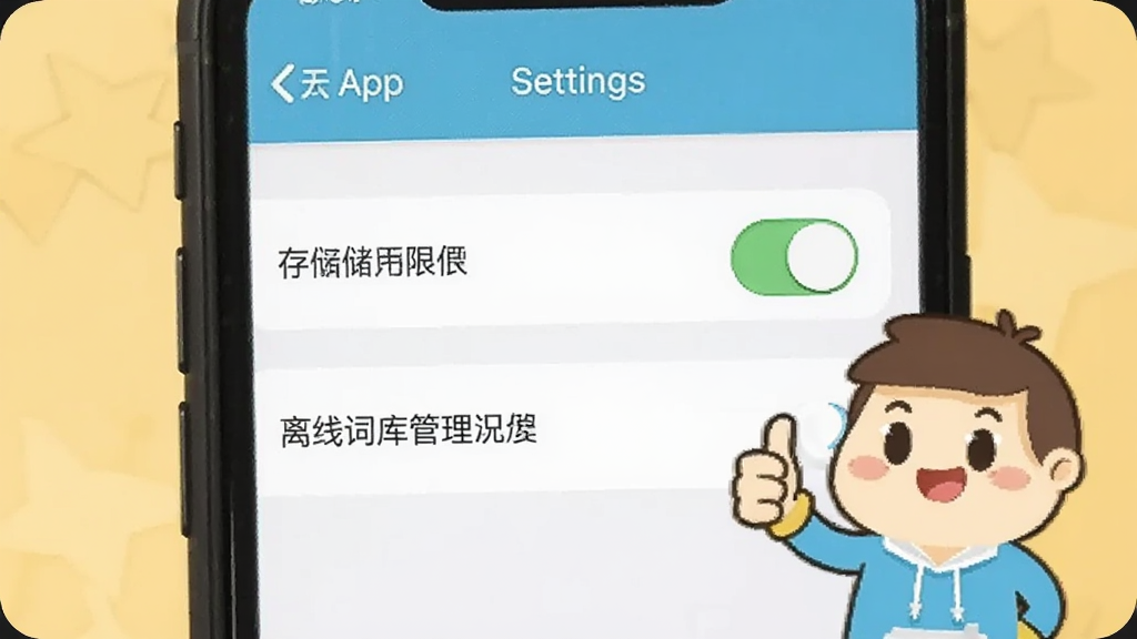 �ֻ���Ļ��ʾӢ��App�����ý��棬�����д洢Ȩ�޿��غ����ߴʿ����ѡ��Ա���һ����ͨ���������Ĵָ����������͵�ů��ɫ����������Ѻã����ʸɾ��޶���Ԫ��