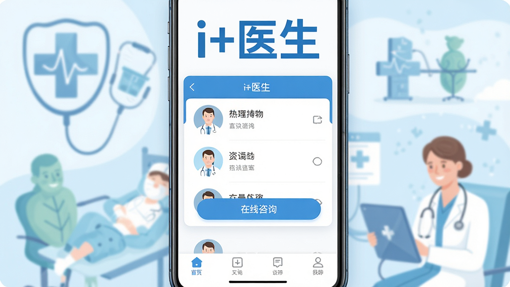һ���ֻ�Ӧ�ý���չʾͼ�����������ǡ�i+ҽ����APP�������棬��������Ŀ�ġ�i+ҽ�������ֱ�ʶ������������ɫ��Ϊ�����м���ҽ��ͷ���б���������ѯ��ť���ײ��ǵ���������������͵�ҽ�ƽ������廭Ԫ�أ����岼�����������ֱ�ǩ��ȷ������ִ���࣬���ʸɾ��޶���Ԫ��