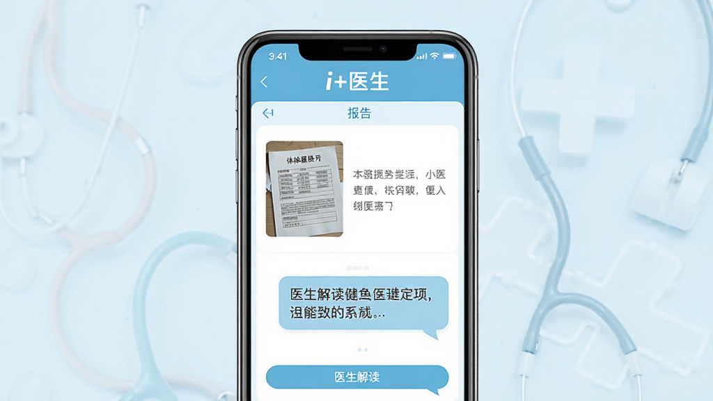 һ�ű��������ܵĽ���չʾͼ���ֻ���Ļ����ʾ��i+ҽ����APP�ı����ϴ�ҳ�棬����������챨�����Ƭ����ͼ��ҽ��������������ݣ������С�i+ҽ������ʶ�������ǵ���ɫҽ�Ʒ�񣬲������������ֿɶ���ǿ�����ʸɾ����޶���Ԫ��