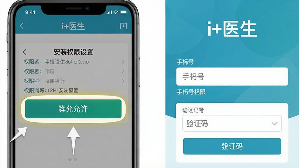 һ���ֻ���������ʾ��ͼ��������չʾ��i+ҽ����APP�İ�װȨ������ҳ��͵�¼ע����棬�����Ȩ��������ť�ĸ�����ע���Ҳ����ֻ�����������֤����д���򣬶����С�i+ҽ�������ֱ�ʶ����������ֱ�ۣ���ɫ��ˬ�����ʸɾ����޶���Ԫ��