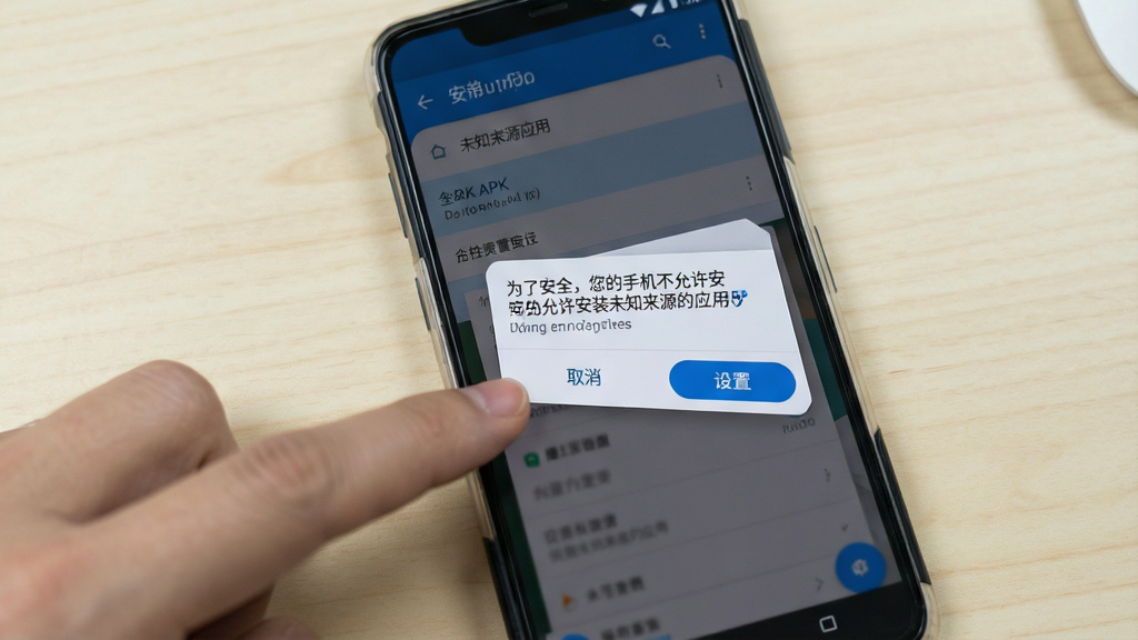 һ��չʾ�ֻ���װAPK�ļ�ʱ���֡�δ֪��ԴӦ�á���ȫ��ʾ�Ľ�ͼ��������һ����׿�ֻ������ý��棬������ʾ��Ϊ�˰�ȫ�������ֻ���������װδ֪��Դ��Ӧ�á����·��С�ȡ�����͡����á�������ť���ֻ��Ա���һֻ����׼����������á���ť�������Ǽ���ǳɫ���棬�����дʵ�Ĳ�Ʒ����չʾ���Ű�������ɫ���԰�ɫ����ɫΪ�������ʸɾ��޶���Ԫ�ء�