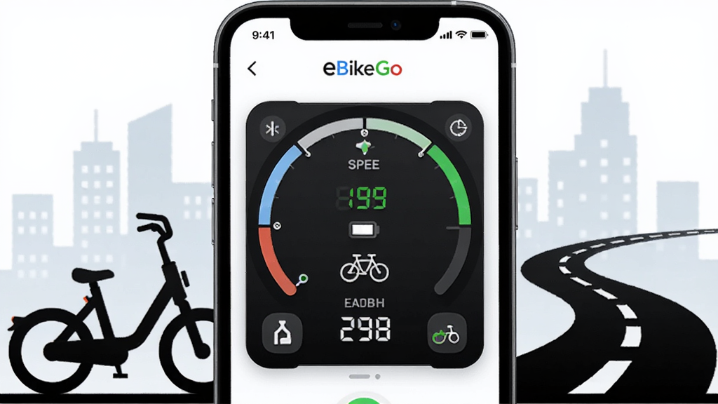 һ��չʾeBikeGo������������ֻ�����ͼ������������App���Ǳ��̽��棬��ʾ���ٶȡ���������̵����ݣ���Χ�����ŵ綯���ͳ��е�·�ļ�ӰԪ�أ����岼�ּ�����죬����ִ��Ƽ��У�ϸ���Ͻ���ͼ��Բ�󣬻��ʸɾ��������޶�������Ԫ��