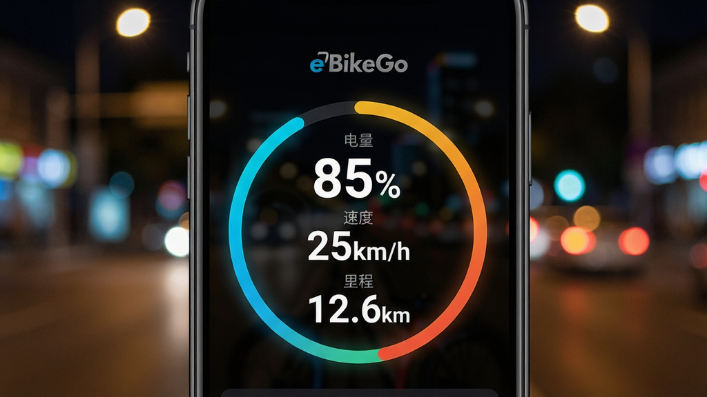 һ��չʾeBikeGo����״̬��ؽ����ͼƬ������������һ���ֻ�����Ļ���ô������ͻ��ν�����������ʾ�ŵ�����85%�����ٶȡ�25km/h������̡�12.6km����������ģ���ĳ���ҹ���ƹ⣬���ƫ��Ƽ��������ݿ��ӻ���ϸ��������������ɫ�ʶԱ����������ʸɾ�����