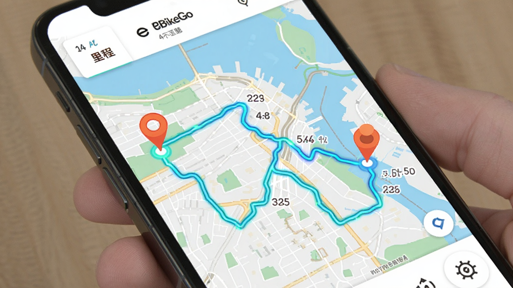 һ��չʾeBikeGo���й켣��¼���ܵ�ͼƬ���������ֻ���Ļ��ʾ��һ�ų��е�ͼ��������һ������ɫ�������ճ������й켣�������յ���ͼ����ע���Ա�����̺ͺ�ʱ��С�����ݣ����岼���Ե�ͼΪ���ģ�����Ǳ�ƽ����ͼ��ƣ�ϸ���������������������������
