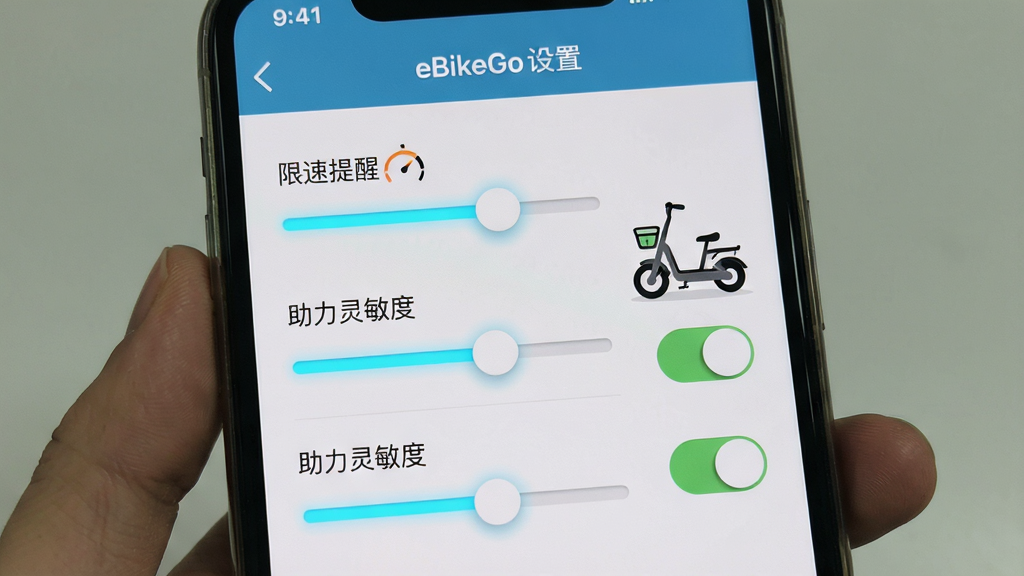 һ��չʾeBikeGo�������ý����ͼƬ���������ֻ���Ļ��ʾ�ż����������Ϳ��ذ�ť���ֱ��ע�š��������ѡ��������������ȡ����������Ա���һ������ĵ綯��ͼ�꣬���岼�������������ʵ�ã�ϸ���ϻ������΢��Ч�������ʸɾ��޶���װ��