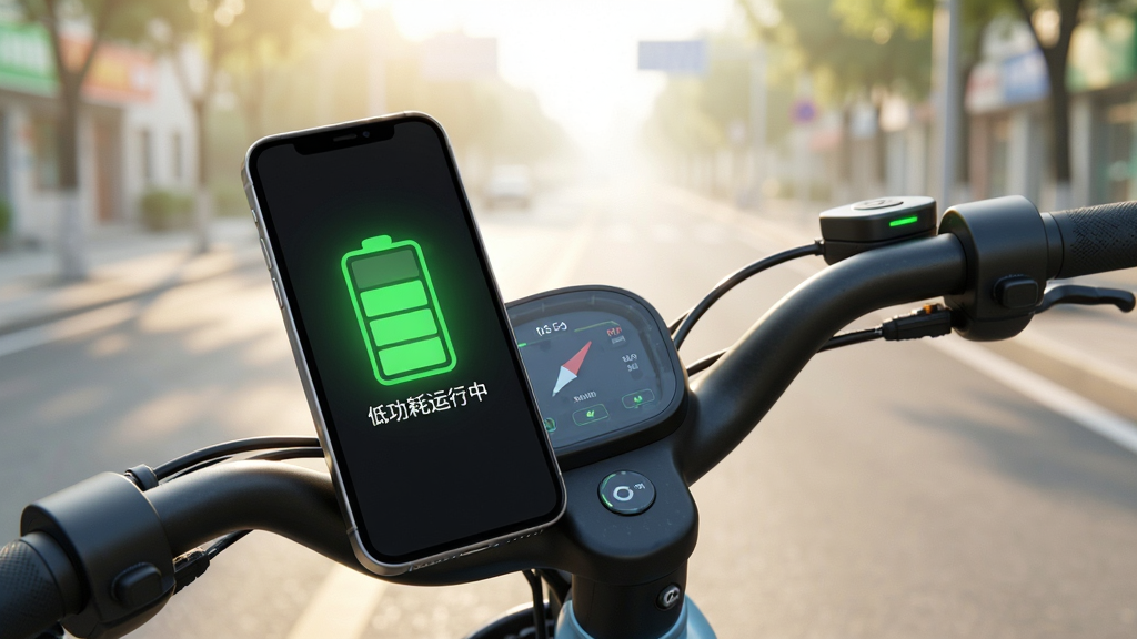 һ��չʾeBikeGo�͹������Եĸ���ͼ��������һ���ֻ����ڵ綯���Ǳ����Աߣ��ֻ���Ļ����ʾ����ɫ�ĵ��ͼ��͡��͹��������С��������������峿�Ľֵ����������������ϸ���ϵ��ͼ���з���Ч�������ʸɾ���ˬ