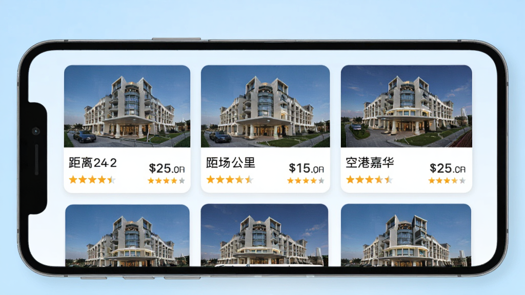 空港嘉华App内机场周边酒店列表页,手机屏幕显示多家酒店卡片,包含酒店外观图、距离机场公里数、价格标签、评分星级,背景为浅蓝色渐变,界面排版整齐,文字清晰可读,扁平化UI风格,干净无杂乱元素