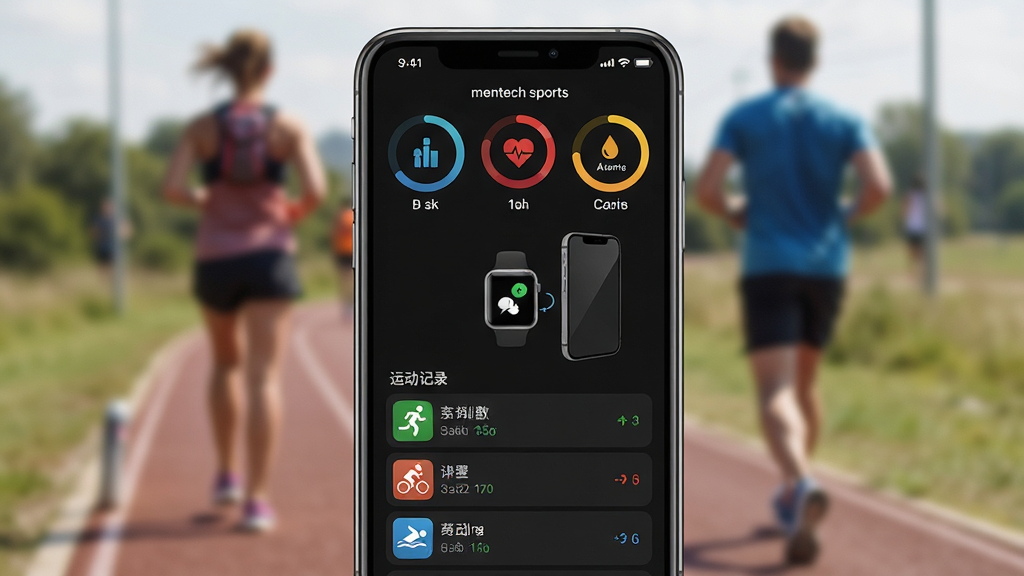 һ��չʾmentech sports��������ȫò��ͼƬ���ֻ���Ļ������ʾApp�������棬��������ɫ�˶����Ϊ��ɫ������Ļ�Ϸ���ʾ�û�����Ĳ��������ʺ����Ŀ�·�ﻷ��ͼ���м�λ����Ŀ��չʾ�������ֱ����ֻ������ӵ�ͼ�꣬�·����˶���¼�б��������ܲ������С���Ӿ��ͼ��ͼ�Ҫ���ݣ�������ģ���Ļ����˶��������������ִ���࣬ϸ�����������ʸɾ��޶���Ԫ��