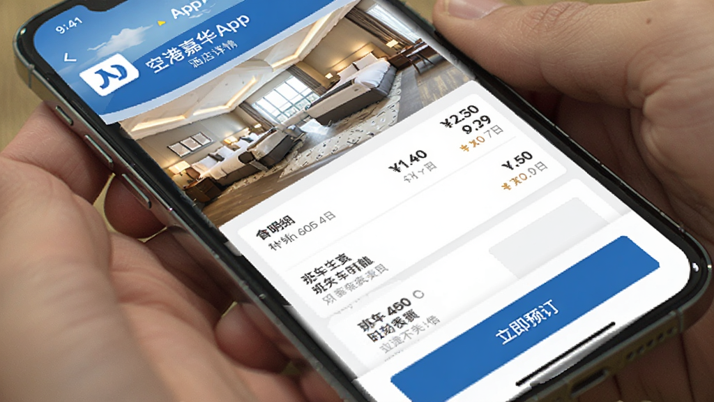 空港嘉华App酒店详情页展示,手机屏幕显示酒店房型图片、价格明细列表、班车时刻表信息,页面底部有“立即预订”按钮,配色以白色和蓝色为主,信息层级分明,字体清晰,UI设计简洁大方,高清无杂乱