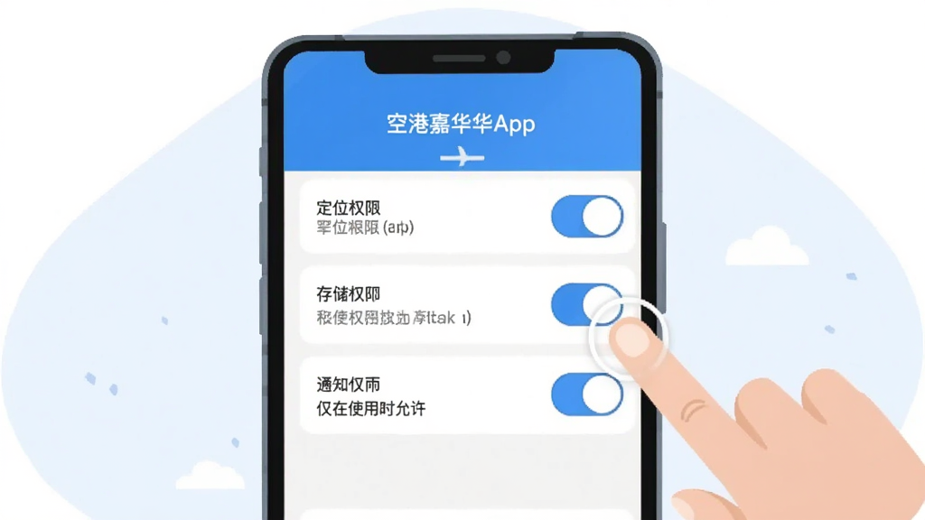 空港嘉华App手机权限设置界面截图风格插图,手机屏幕显示定位权限、存储权限、通知权限的开关列表,旁边有手指点击“仅在使用时允许”的示意,背景简洁,蓝白配色,扁平化设计,高清画质,干净无多余元素