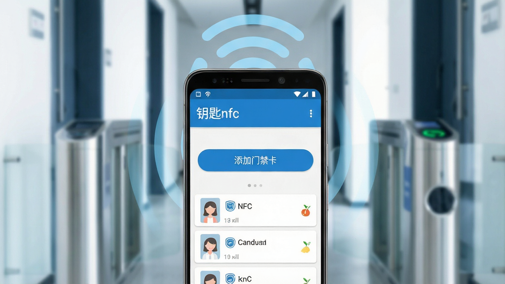 һ��չʾ�ֻ�NFC�Ž���ģ�⹦�ܵĳ���ͼ������������һ����׿�ֻ�����Ļ��ʾ�š�Կ��nfc��Ӧ�õ������棬�������С������Ž���������Ŀ��ť�������ӵĿ�Ƭ�б����ֻ������Ϸ��е���ɫ��NFC����ͼ��������ɢ���������黯���ִ���Ԣ¥���Ž�բ������������������ɫ��������Ϊ�������ʸɾ��������޶���Ԫ��