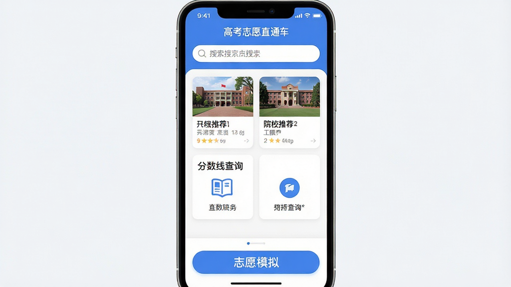 一张手机应用界面展示图,主体是“高考志愿直通车”App的主界面,布局为顶部搜索栏,中间是院校推荐卡片和分数线查询入口,底部是志愿表模拟填报按钮,排版简洁清晰,风格为现代扁平化教育类App设计,细节上带有蓝色主色调和圆角图标,画质干净无多余元素。