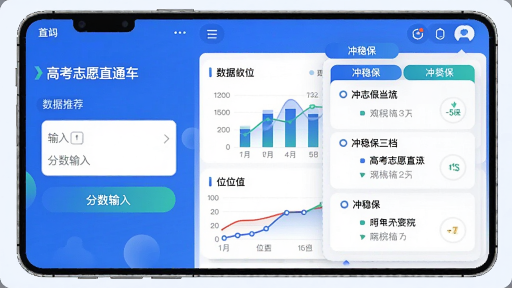 一张AI生成的插图,画面主体是“高考志愿直通车”App的智能推荐功能界面,布局为左侧分数输入框,右侧弹出冲稳保三档院校列表,排版为左右分栏式,风格为科技感教育风,细节包含数据图表和位次曲线,画质清晰干净无多余元素。
