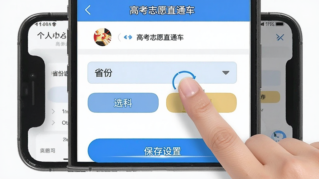 一张AI生成的手机操作示意图,主体是“高考志愿直通车”App的设置界面,布局为顶部个人中心,中间是省份选择下拉菜单和选科按钮,底部是保存设置的高亮按钮,排版为上下结构,风格为简洁工具类App界面,细节包含手指点击省份选项的动作,画质干净无多余元素。