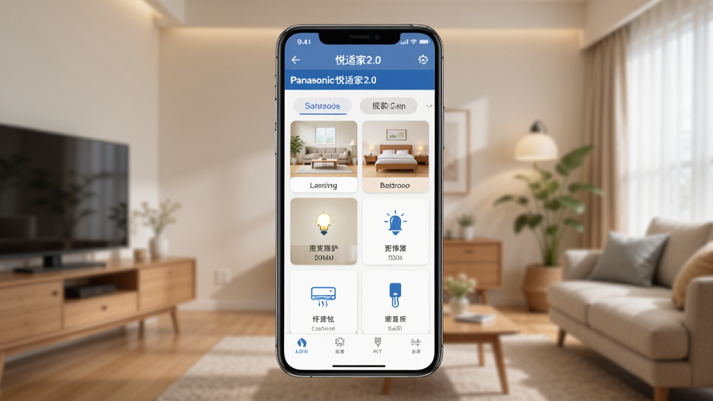 一张展示松下悦适家2.0应用主界面的图片,画面中心是一部智能手机,手机屏幕上显示着松下悦适家2.0的App界面,界面中可以看到客厅、卧室等房间标签,以及灯光、空调等设备图标,整体布局清晰,背景是温馨的家居环境,风格现代简约,细节干净,画质清晰,无多余元素