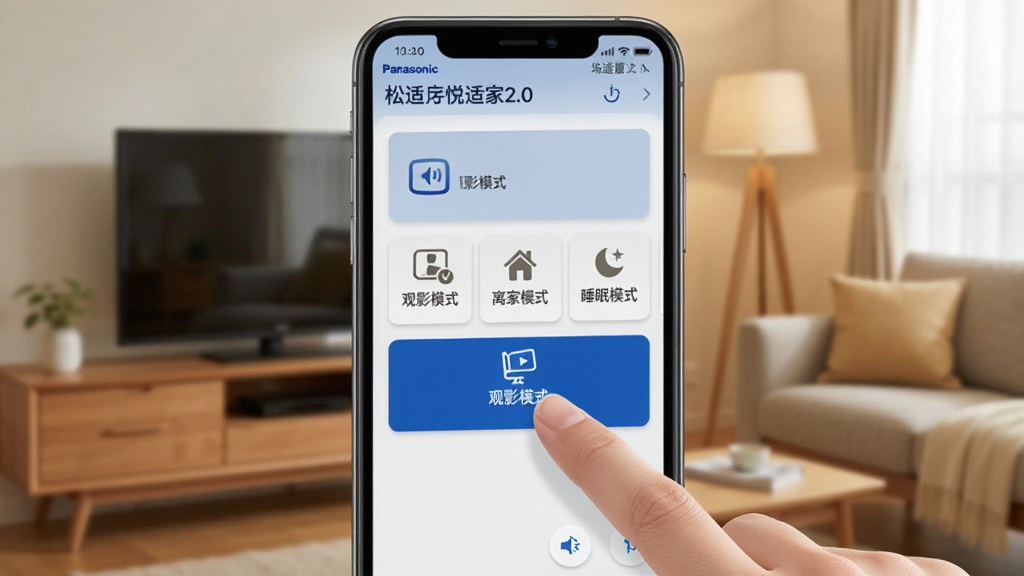 一张展示松下悦适家2.0场景模式设置界面的图片,画面中手机屏幕上显示着“观影模式”“离家模式”“睡眠模式”等场景卡片,每个卡片上有对应的图标,手指正在点击“观影模式”按钮,背景是温馨的家居环境,风格简洁明了,画质清晰,无多余元素