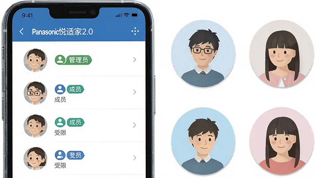 一张展示松下悦适家2.0家庭共享功能的图片,画面中一部手机屏幕上显示着家庭成员列表,每个成员头像旁边有权限标签,如“管理员”“成员”“受限”等,手机旁边有多个用户头像图标,风格友好亲切,布局清晰,画质干净,无多余元素