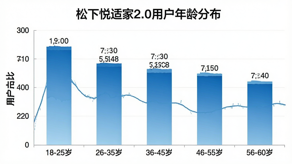 一张展示松下悦适家2.0用户年龄分布的柱状图,图表标题为“松下悦适家2.0用户年龄分布”,横轴为年龄段18-25岁、26-35岁、36-45岁、46-55岁、56-60岁,纵轴为用户占比,柱状图颜色为蓝色渐变,画面简洁清晰,数据标注明确,风格现代,画质干净,无多余元素