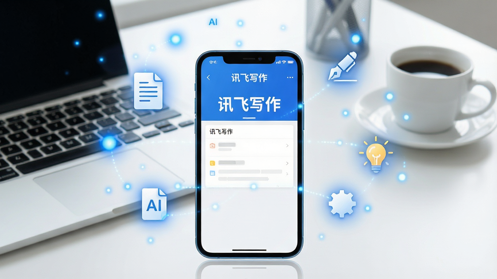 一张展示讯飞写作核心全貌的场景图。画面中央是一部智能手机,屏幕上打开着讯飞写作的界面,界面设计简洁,以蓝白色调为主,顶部有“讯飞写作”的清晰文字标识。手机周围漂浮着代表AI智能的蓝色光点和文档、笔、灯泡等图标。背景是干净的书桌环境,有笔记本电脑和咖啡杯。整体风格现代、科技感强、画质干净、无多余元素。