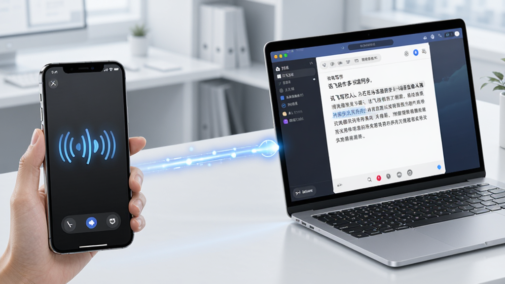 一张展示讯飞写作多端同步与语音输入功能的场景图。画面左侧是一部手机正在接收语音输入,声波图标清晰可见;画面右侧是一台笔记本电脑,屏幕上同步显示着刚刚语音转写的文字内容。中间用一条发光的连接线表示同步。背景是现代化的办公桌面,风格简洁、科技、画质干净、无多余元素。