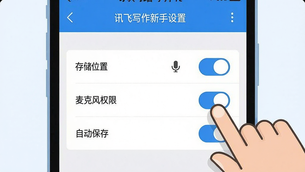 一张展示讯飞写作新手设置界面的场景图。画面中是一部手机的设置页面截图风格,清晰显示“存储位置”、“麦克风权限”、“自动保存”等选项开关。旁边有一个卡通手指正在点击“存储位置”选项。画面风格扁平化、简洁、蓝白色调、画质干净、无多余元素。