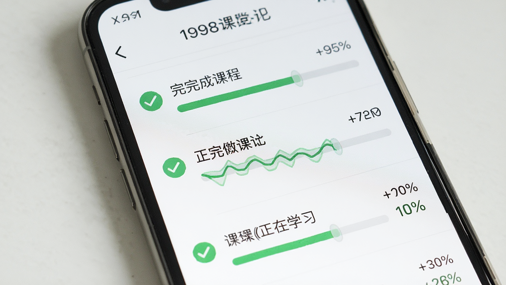一张展示1998课堂学习记录页面的详细图片,主体是手机屏幕上的学习进度列表,显示已完成课程和正在学习的课程,带有进度百分比。布局为垂直列表。风格为清新简约。细节包括对勾图标、进度条和课程名称。画质干净,无多余元素。