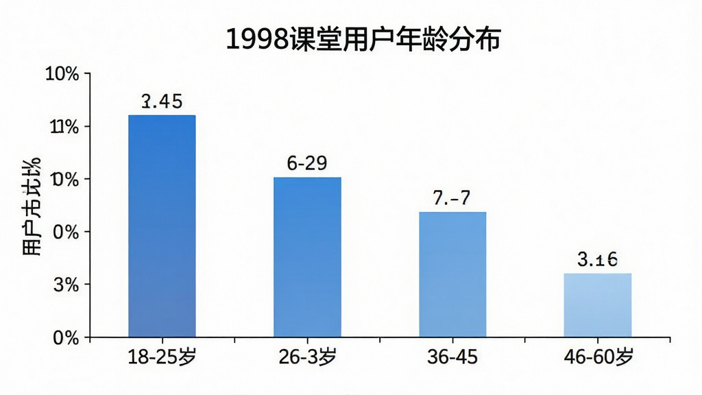 一张展示1998课堂用户年龄分布的柱状图,横轴为年龄段18-25岁、26-35岁、36-45岁、46-60岁,纵轴为用户占比百分比,柱状图颜色为蓝色渐变,图表标题为“1998课堂用户年龄分布”,布局居中,风格简洁现代,细节包括坐标轴标签和数据柱,画质干净,无多余元素。