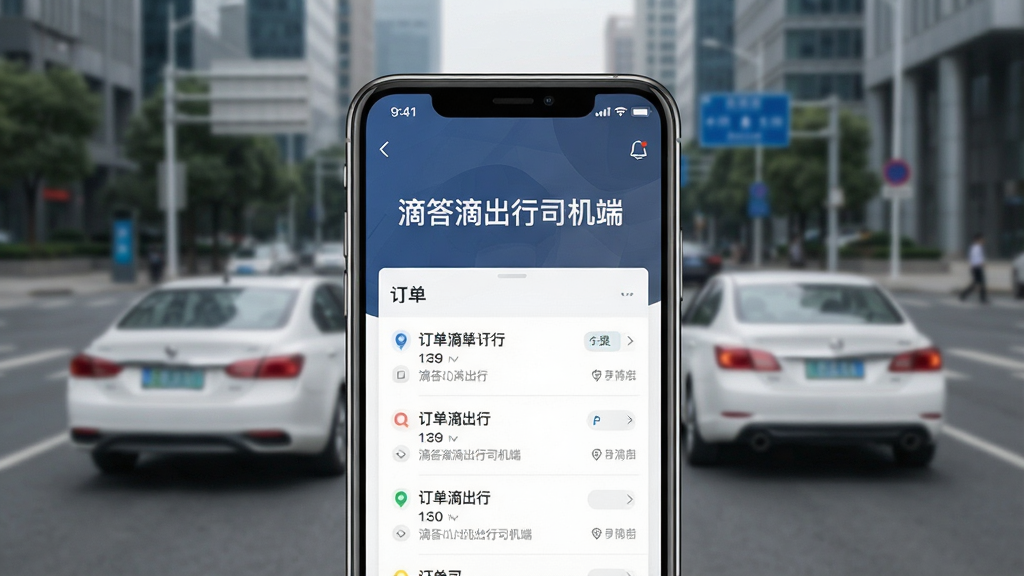 一张手机屏幕展示滴答滴出行司机端主界面的图片,画面中央是手机,手机屏幕上显示着“滴答滴出行司机端”的文字标识和简洁的订单列表界面,背景是城市道路和一辆白色轿车,整体风格现代简洁,画质干净清晰,无多余元素