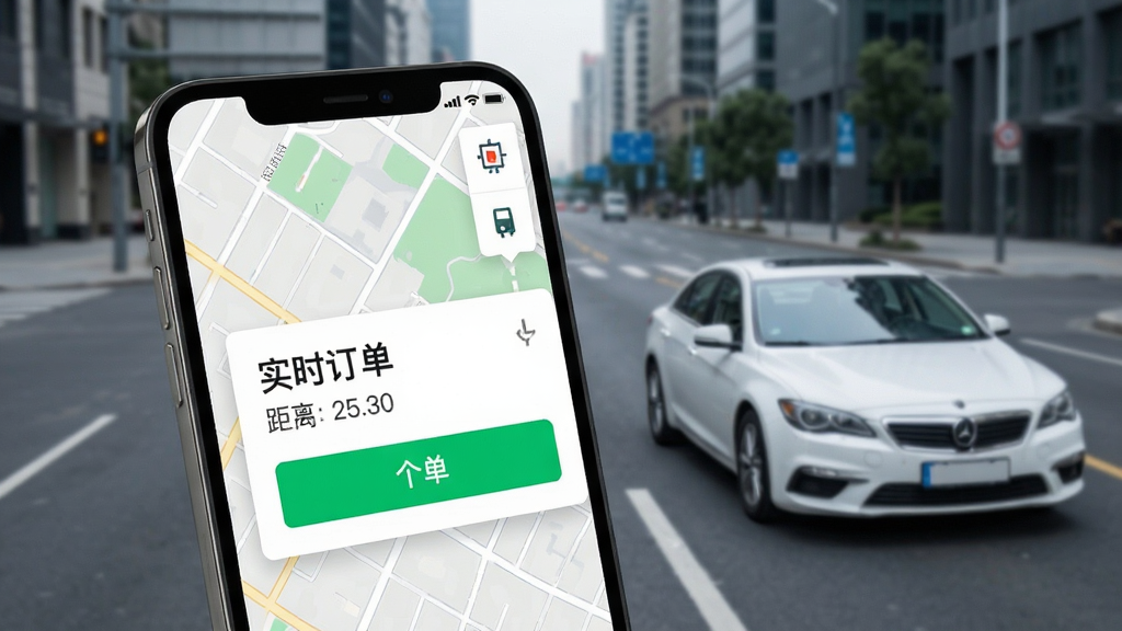 一张展示滴答滴出行司机端订单推送界面的图片,画面主体是手机屏幕,屏幕上显示着地图和订单卡片,卡片上写着“实时订单”和距离信息,旁边有一个醒目的绿色抢单按钮,背景是城市道路和一辆白色轿车,整体风格现代简洁,画质干净清晰,无多余元素