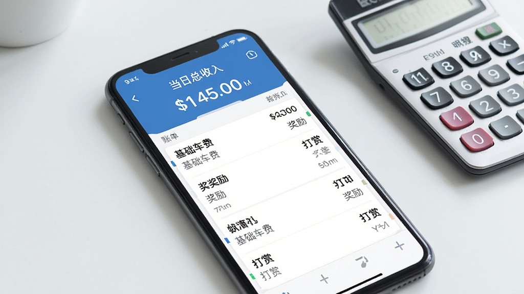 一张展示滴答滴出行司机端收入明细界面的图片,手机屏幕上显示着账单列表,每一项都标有“基础车费”“奖励”“打赏”等文字,顶部有当日总收入数字,背景是简洁的桌面和计算器,整体风格现代扁平,画质干净清晰,无多余元素
