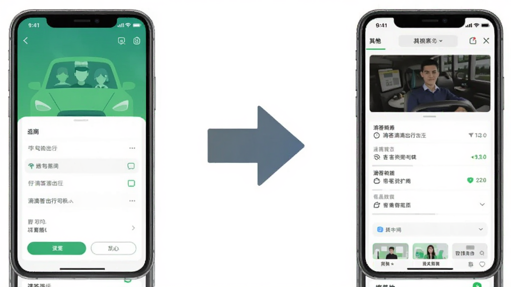 一张展示滴答滴出行司机端与同类软件对比的图片,画面左侧是滴答滴出行司机端的简洁界面,右侧是其他软件的复杂界面,中间有一个对比箭头,背景是白色,整体风格干净直观,画质清晰,无多余元素