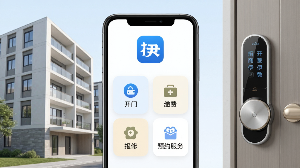 招商伊敦App主界面全貌展示,画面中央一部手机屏幕显示“招商伊敦”蓝色图标和应用界面,界面包含开门、缴费、报修、预约服务四个主要功能入口,背景是现代化公寓楼与智能门锁元素融合,整体布局清晰简洁,排版采用居中对称构图,风格现代扁平化,细节圆润柔和,画质干净高清无多余元素,文字清晰可辨
