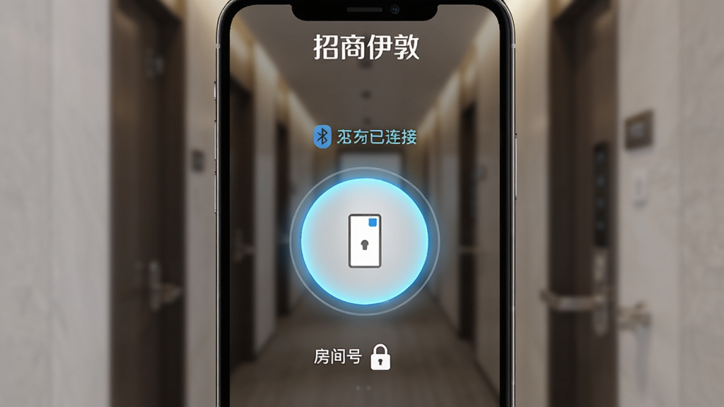 招商伊敦App一键开门功能界面展示,手机屏幕中央显示一个大大的圆形开门按钮,按钮上方显示蓝牙已连接状态,下方显示房间号和门锁图标,背景是公寓走廊场景虚化处理,排版突出按钮主体,风格科技感与生活化结合,细节按钮有微光效果,画质清晰干净无多余元素,文字“招商伊敦”显示在屏幕顶部