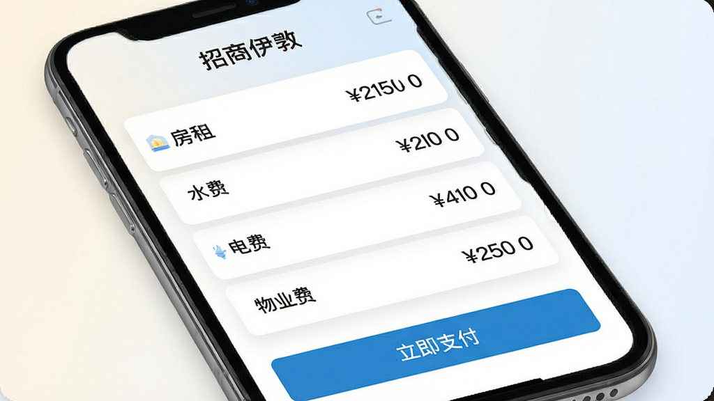 招商伊敦App账单缴费页面展示,手机屏幕显示月度账单明细列表,包含房租、水费、电费、物业费四个条目及对应金额,底部有立即支付按钮,背景是简洁的浅色渐变,排版采用卡片式分层设计,风格清爽商务,细节数字清晰锐利,画质干净无多余元素,屏幕顶部显示“招商伊敦”字样