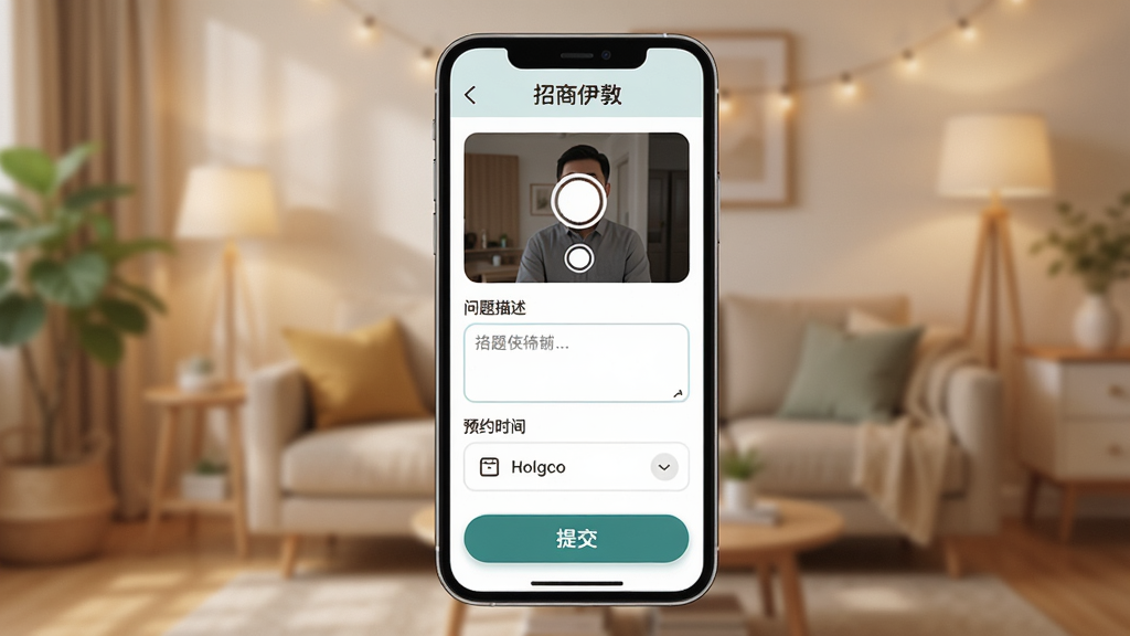 招商伊敦App报修服务界面展示,手机屏幕显示报修工单提交页面,包含拍照上传区域、问题描述输入框、预约时间选择器,下方有提交按钮,背景是温馨的居家场景虚化,排版采用纵向流式布局,风格生活化且专业,细节图标圆润友好,画质清晰干净无多余元素,页面顶部标注“招商伊敦”