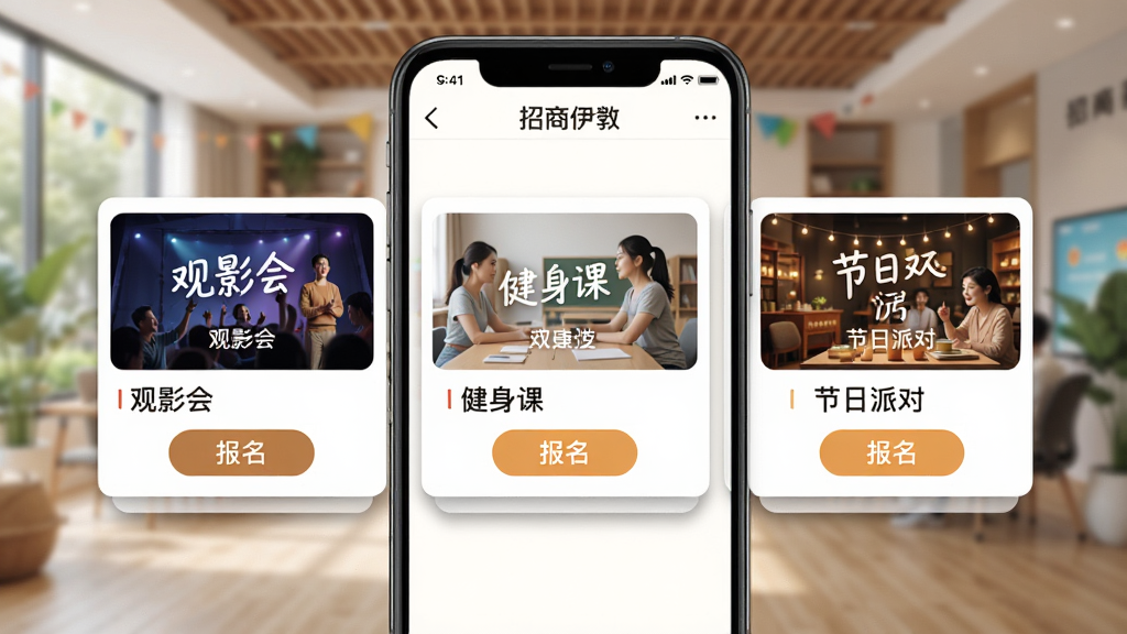 招商伊敦App社区活动页面展示,手机屏幕显示活动列表卡片,包含观影会、健身课、节日派对三个活动封面图及报名按钮,背景是社区公共活动区域实景虚化,排版采用横向滑动卡片流,风格活泼温馨,细节卡片有轻微阴影,画质明亮干净无多余元素,顶部导航栏显示“招商伊敦”