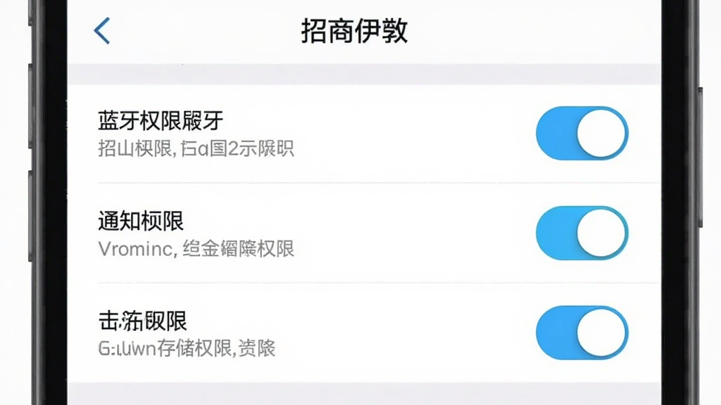 招商伊敦App权限设置引导界面展示,手机屏幕显示蓝牙权限、通知权限、存储权限三个开关选项,每个选项旁有简短说明文字,背景是手机设置页面风格,排版采用列表式布局,风格简洁明了,细节开关按钮有高亮状态,画质清晰干净无多余元素,顶部显示“招商伊敦”