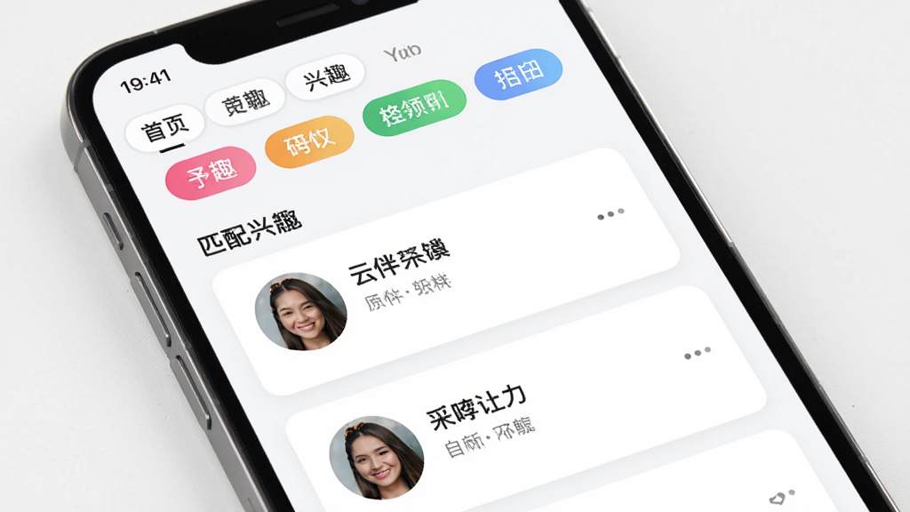 �����Ȥƥ�书�ܽ��棬����Ϊ�ֻ���Ļ������Ϊ������Ȥ��ǩѡ�������·�ƥ���û��б����Ű�Ϊ��Ƭʽ�������Ϊ�����罻�磬ϸ��Ϊ��ɫ��Ȥ��ǩ���û�ͷ�񣬻��ʸ��壬�ɾ����޶���Ԫ��