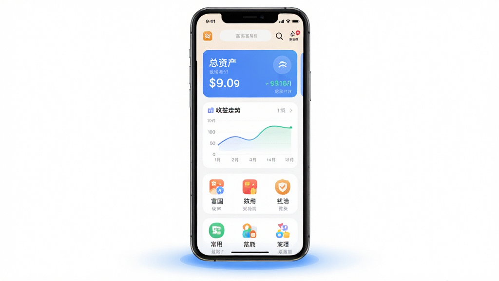 һ��չʾ������Ǯ��App���Ľ�����ֻ�ģ��ͼ������Ϊһ���ִ������ֻ�����Ļ����ʾ������Ǯ������ҳ���������ʲ���Ƭ����������Сͼ�ͳ��ù���ͼ�ꡣ���ֲ��þ��й�ͼ���ֻ��·��е�������ɫ�����еס��Ű��࣬���Ϊ�ִ���ƽ���Ƽ��磬ϸ������Ļ�����������ɱ棬ͼ��Բ�󡣻��ʸɾ������������޶���Ԫ�أ��������רҵ����ȫ���Ӿ����ܡ�