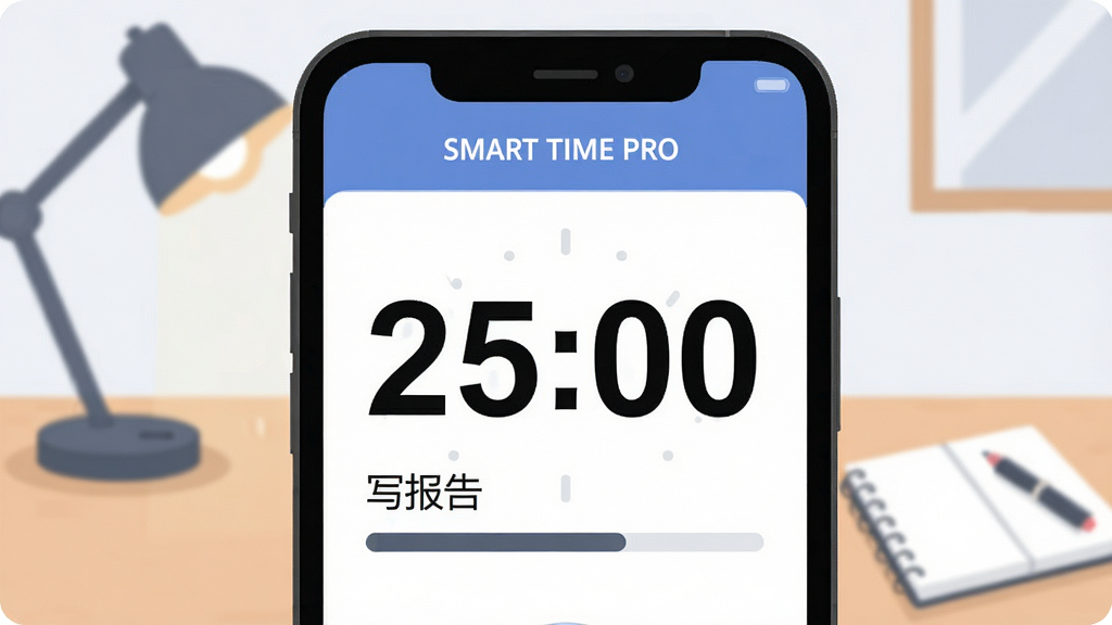 һ�ű�ƽ�����廭�������������ֻ���Ļ��ʾ��SMART TIME PRO����רע��ʱ���棬��ʱ�����֡�25:00���ô������չʾ���Ա��������ǩ��д���桱�ͽ���������������͵�������������̨�ƺͱʼǱ���������ִ������ʸɾ����޶���Ԫ�أ�ͼƬ�����ֱ��������SMART TIME PRO��