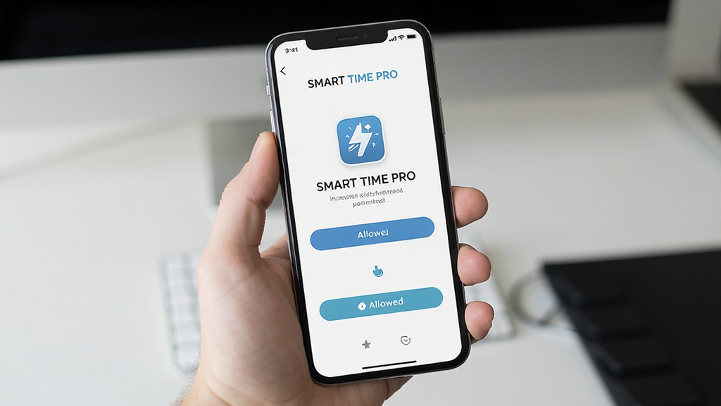 һ���ֻ�����ʾ��ͼ��������һֻ�������ֻ����ֻ���Ļ����ʾ��SMART TIME PRO����Ӧ�ð�װ���棬��������Ȩ��������ť�������Ǽ������棬���дʵ�������������޶���Ԫ�أ�ͼƬ�����ֱ��������SMART TIME PRO��