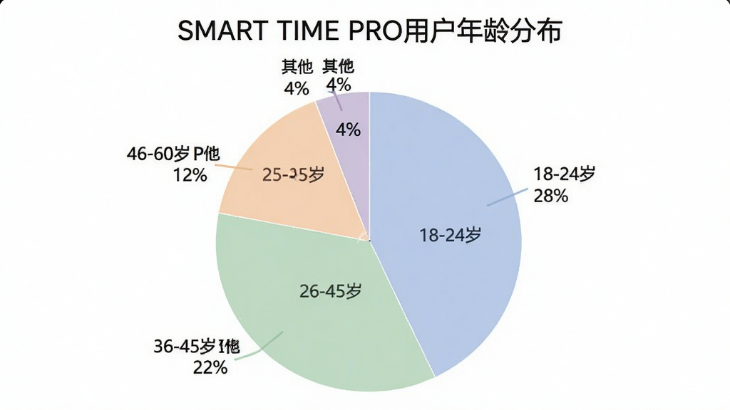 һ�ű�״ͼ������Ϊ��SMART TIME PRO�û�����ֲ�����ͼ����Ϊ����������ֱ��ע��18-24�� 28%����25-35�� 34%����36-45�� 22%����46-60�� 12%�������� 4%������ɫ��ͣ�ͼ�������������ɾ����޶���Ԫ�أ�ͼƬ�����ֱ��������SMART TIME PRO��